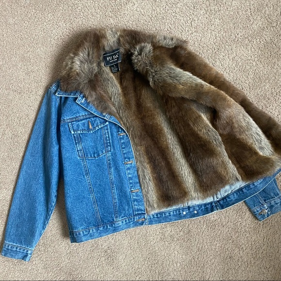 90s Vintage Blue Demin / Fur Jacket FUDA NEW YORK - Picture 4 of 4